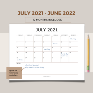 July 2021 - June 2022 Monthly Calendar